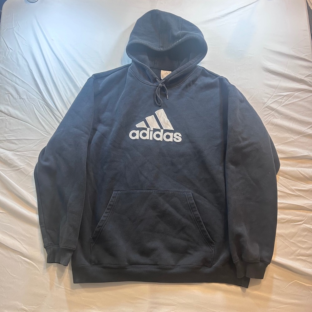 Adidas Mens Pullover Hoodie Black White Embroidered Logo Sweatshirt XL
